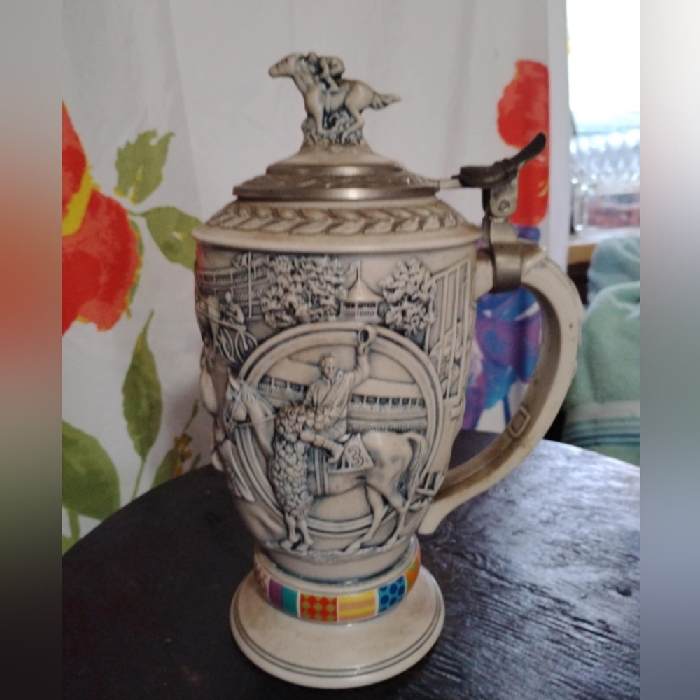 Avon Ceramic Beer Stein with Pewter Lid and Colorful Accents